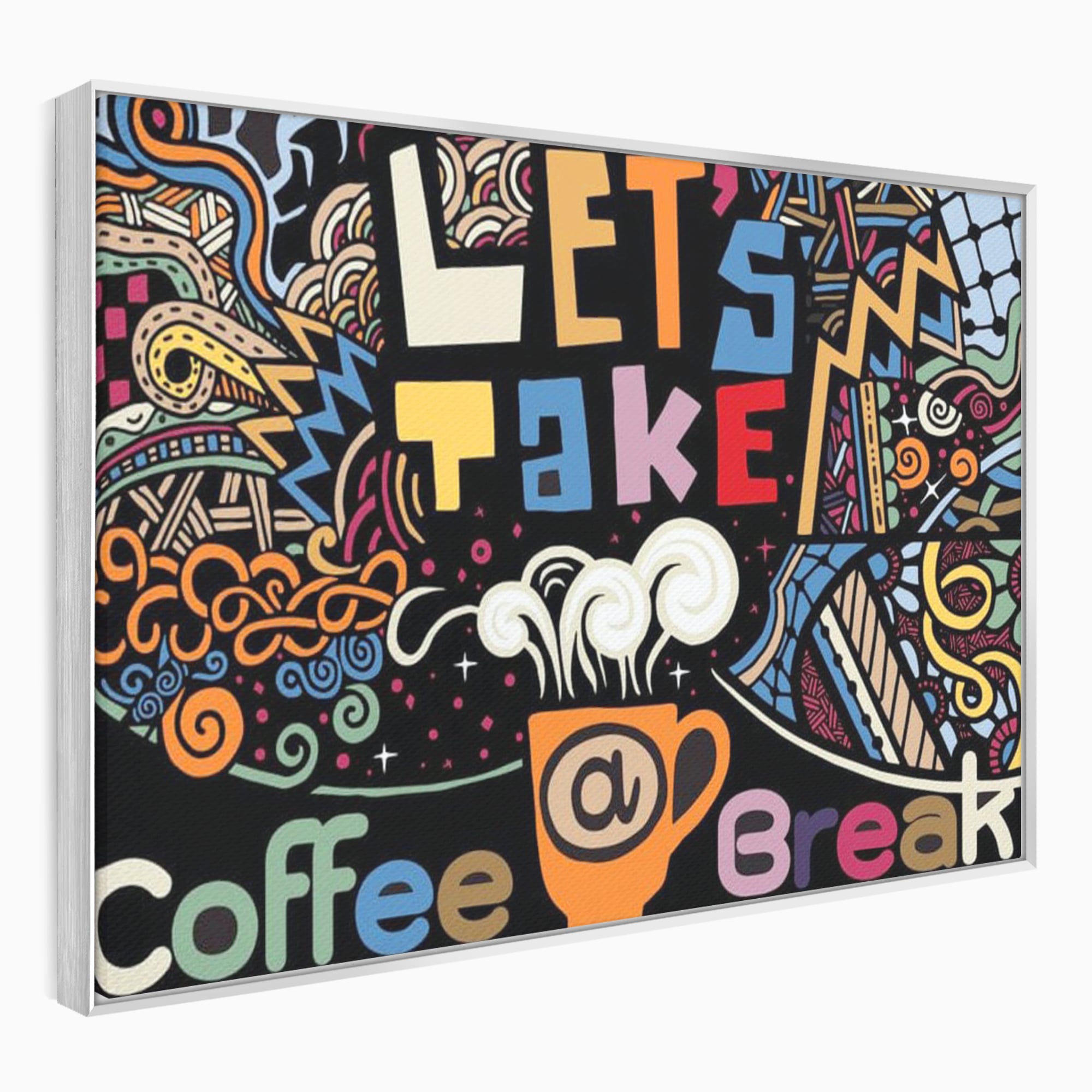 Tablou canvas cu tablou canvas cu ilustratie cafea si doodle, in rama de aluminiu argintiu
